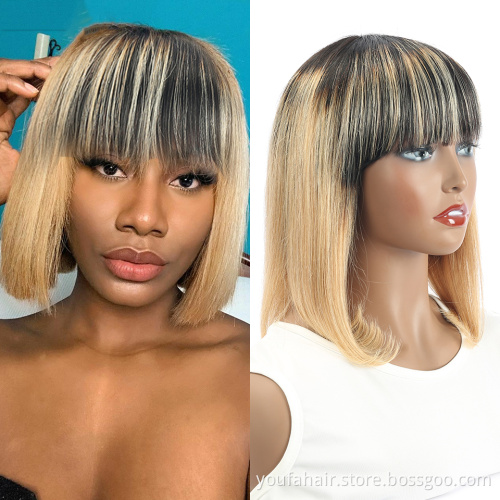 Cheap Ombre Colored Straight Short Bob Curly Human Hair Wig Blonde Brazilian None Lace Remy Hair Wigs with Bangs for Black Women